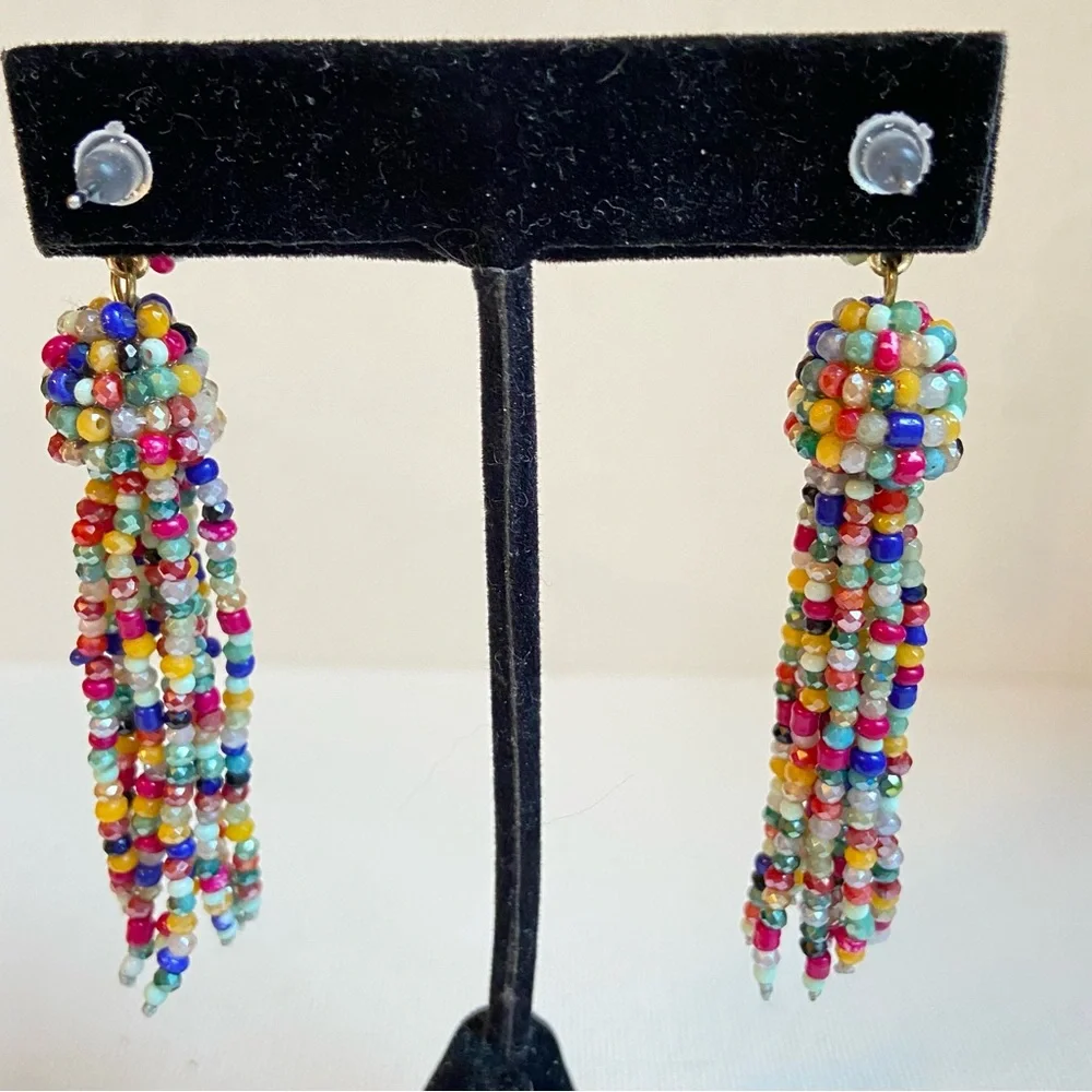 Seed bead tassel earrings pierced post and dangle sparkly and multi color